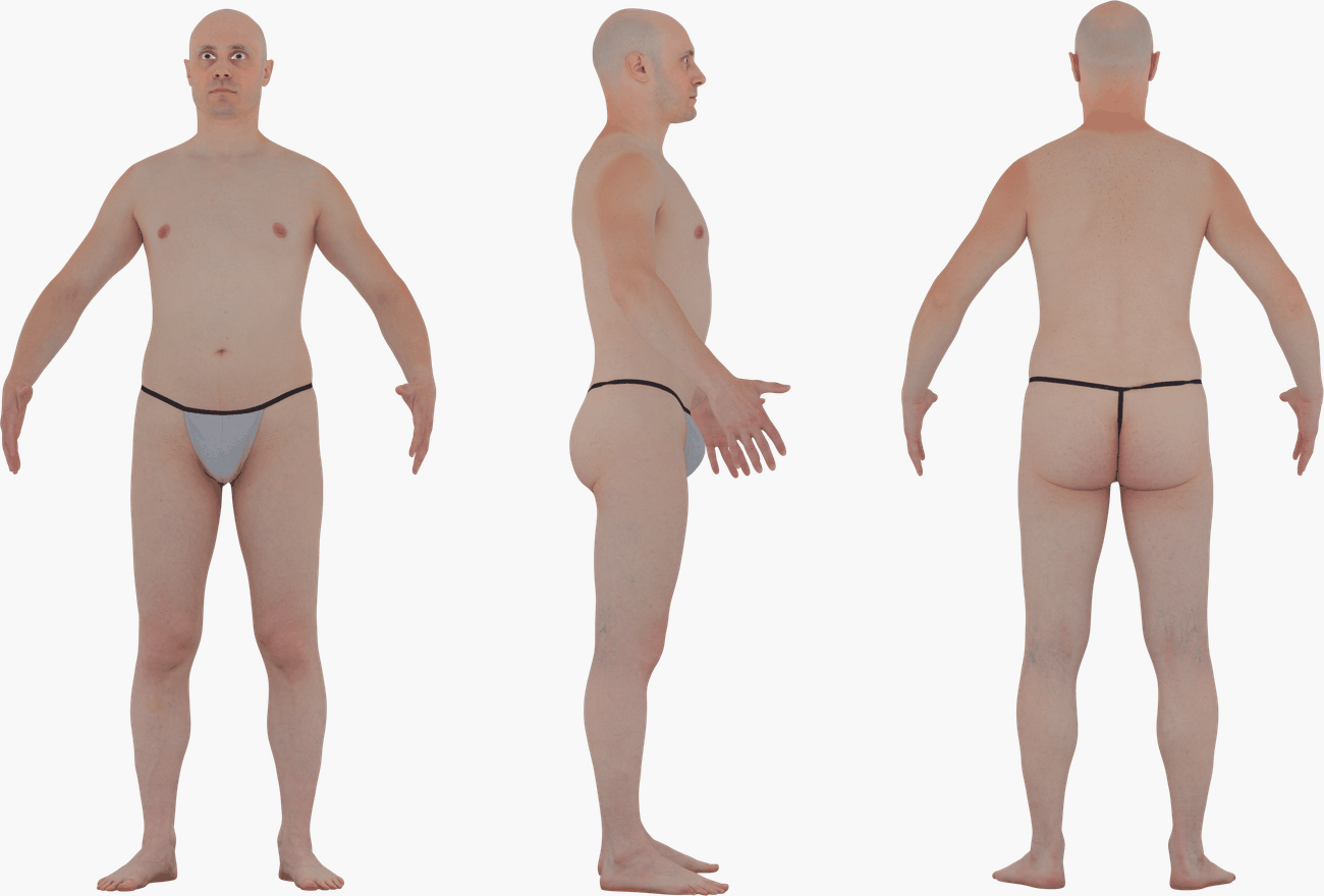 PBR texture map set for a male 3D body scan including Albedo, Normals, Specular, Metalness, and Diffuse at 16K
